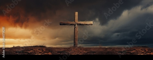 Closeup of a metal cross, rusted and aged, but still standing firm against a dark and stormy sky, representing the enduring faith of believers.