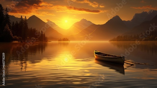 A serene view of a peaceful lake, where a small boat floats in the shimmering water, as the golden rays of the sun peek over the distant mountains.