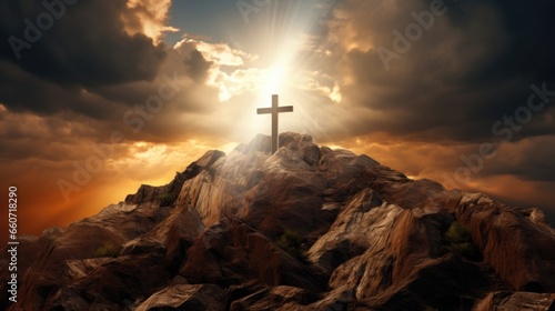 A striking image of a cross atop a mountain peak, with the suns rays bursting through the clouds behind it, representing the triumph of faith over adversity.