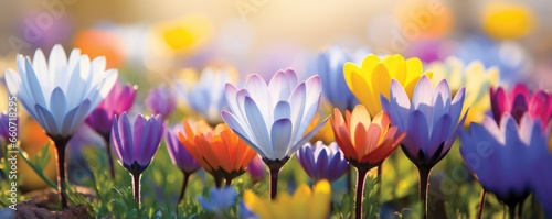 Closeup of colorful flowers blooming in the meadow, their vibrant petals reflecting the beauty and new beginnings of the Easter season. © Justlight