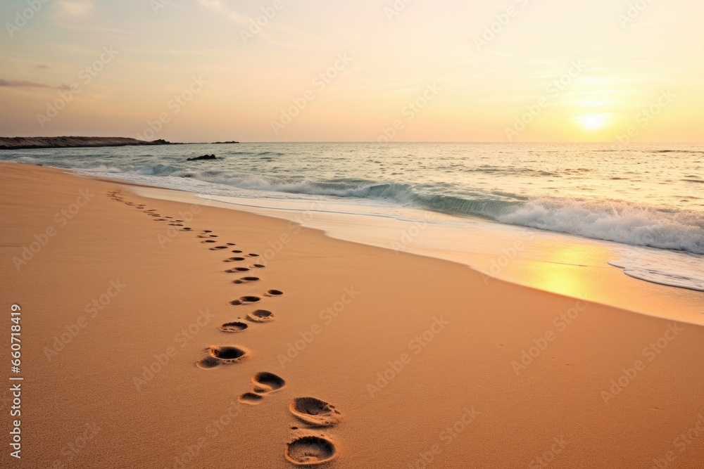 A moving photograph of a set of footprints in the sand, with one set leading towards the ocean while the other heads back in the direction of the shore, symbolizing the constant ebb and flow - obrazy, fototapety, plakaty 