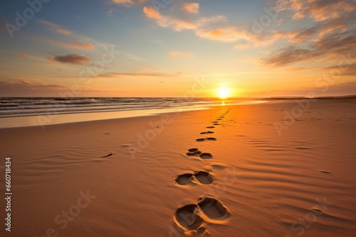 A striking image of a set of footprints leading towards a brilliant sunrise, symbolizing the idea of a new beginning and a fresh start with the guidance and support of a higher power.