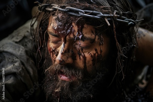 Concept photo of Jesus being nailed to the cross This powerful image captures the moment when Jesus is nailed to the cross. His face is twisted in agony, and His hands and feet are ied from