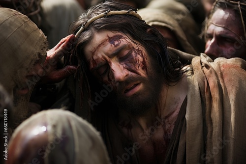 Closeup of Jesus being of His garments As Jesus arrives at Calvary, the soldiers strip Him of His garments, leaving Him exposed and vulnerable. This image shows the brutality and humiliation