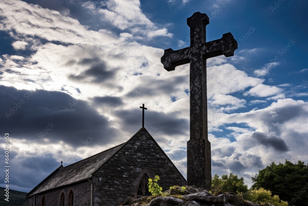 The church cross stands tall and proud, ting through the clouds and seemingly reaching towards the heavens. The church cross stands tall and proud, ting through the clouds and seemingly reaching towards the heavens.