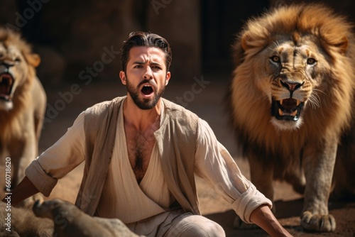 Closeup of an actor portraying Daniel in the lions den, with fierce and hungry lions all around him. The fear and faith in Daniels expression beautifully portrays his trust in Gods protection. photo