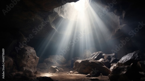 Concept photo of a dark and gloomy cave, representing the eleventh station Jesus is nailed to the cross. A single ray of sunlight breaks through the clouds and illuminates the spot where photo