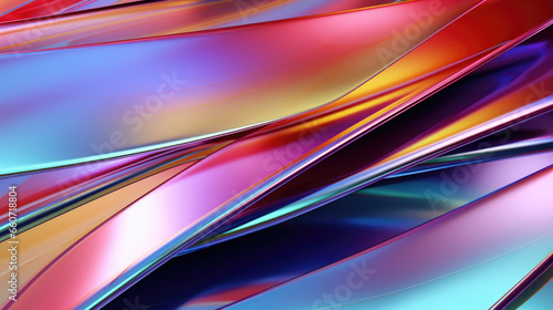 Closeup of a metallic iridescent plastic texture, with sleek lines and sharp angles creating a futuristic and industrial feel. The colors are bold and vibrant, giving the texture a strong