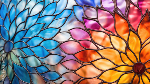 Closeup of a stained beveled glass texture, showcasing vibrant hues and intricate designs that bring a pop of color and artistry to any room. photo