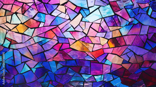 Texture of iridescent glass with a shattered effect, creating a mosaic of vibrant colors like a stained glass window.