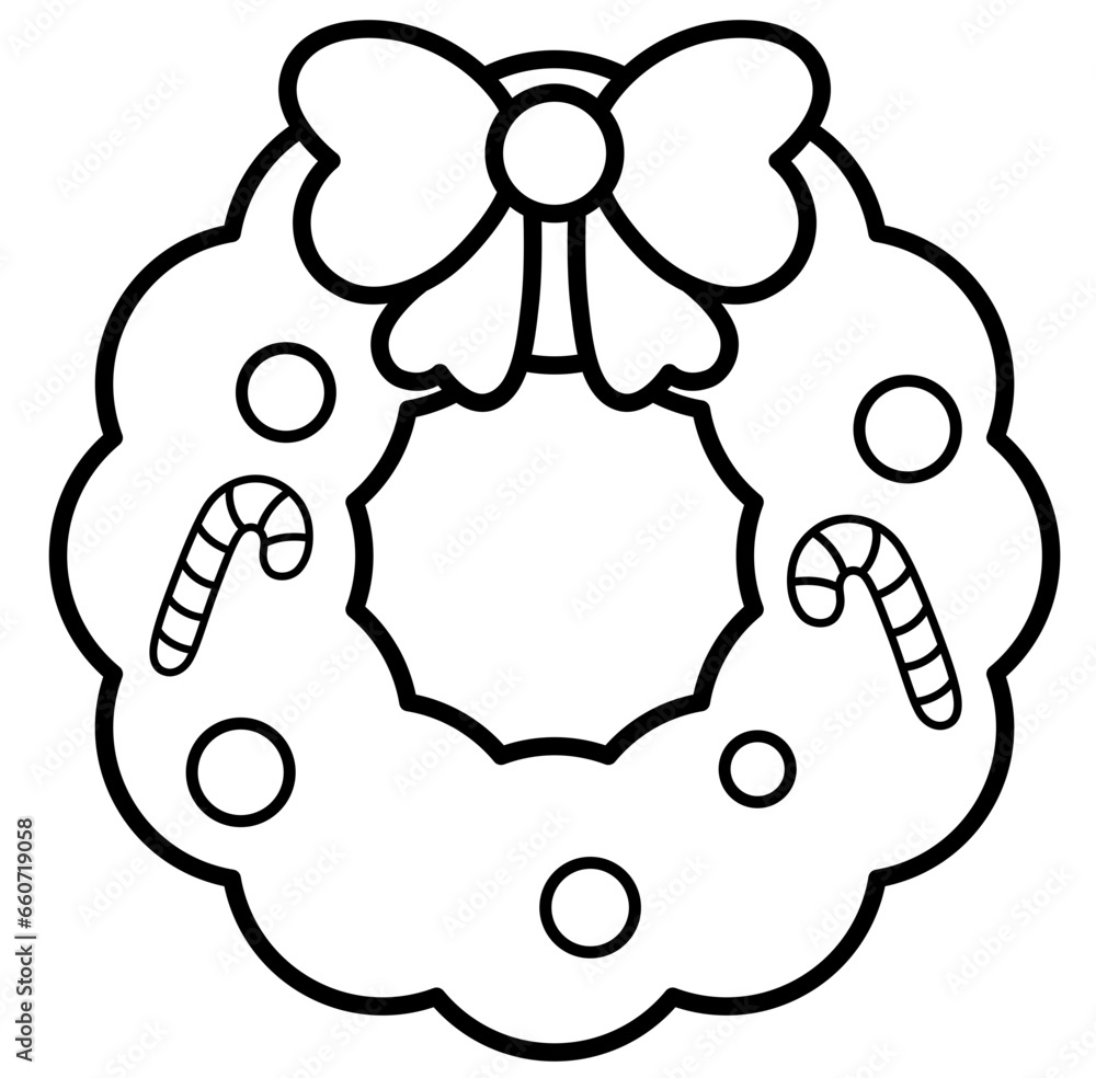 Cute Christmas wreath with ribbon bow outline cartoon doodle illustration Cute Christmas wreath with ribbon bow outline cartoon doodle illustration
