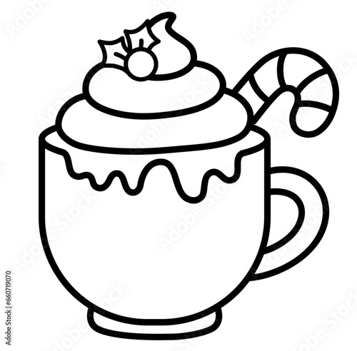 Cute Christmas hot chocolate drink outline cartoon doodle illustration