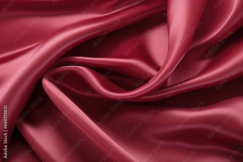 Fototapeta premium Texture of a rich maroon silk, featuring a glossy surface and a slight crinkle effect. The material has a rous appearance and ds gracefully, with a luxurious and silky feel.