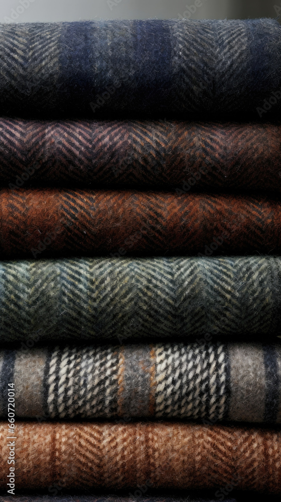 Texture of tweed with a chunky and bold weave, giving it a strong and robust texture that is both sy and soft to the touch.