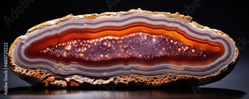 Textured Agate Slice This agate slice showcases a stunning display of banded patterns. Its delicately curved edges reveal the intricate layers of swirling colors, giving the stone a sense