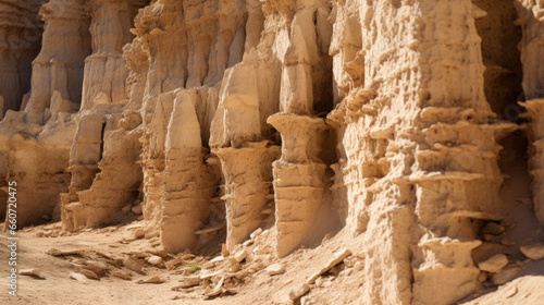 Crumbling sandstone columns with rough, jagged edges and a pale, dusty surface covered in small holes and crevices.