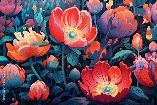Illustration of massive blooms in a vibrant garden. Generative AI