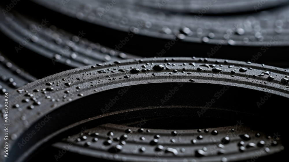 Closeup of a grooved rubber gasket, with a textured surface made up of small, circular indentations. The rubber creates a tight seal between two surfaces and is resistant to extreme temperatures. - obrazy, fototapety, plakaty 