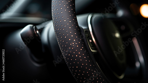 Closeup of a speckled rubber steering wheel cover, displaying its s of light and dark speckles. The rubber is flexible and provides a good grip while driving. photo