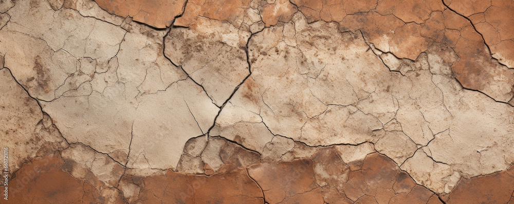 Fototapeta premium Closeup of a cracked and aged earthenware texture, with a rich and deep patina. The rough surface is uneven and textured, adding depth and character.