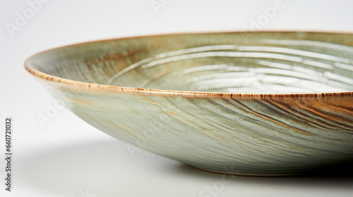 Foto Closeup of a glazed stoneware bowl with a streaked design in shades of soft green, brown, and grey