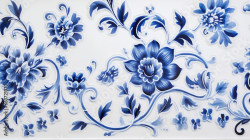 Closeup of a Delftware Blue and White Pattern, revealing the smooth texture of the handpainted designs, bringing a sense of warmth and craftsmanship to the overall look. photo