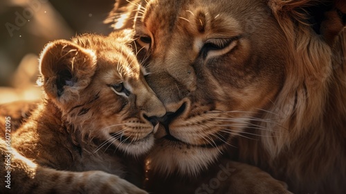 Mother Lion is hugged by her son with love