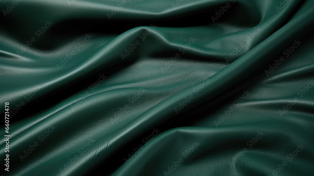 Obraz premium Closeup of pigskin leather, featuring a unique smooth and textured combination. The raised wrinkles and folds in the deep forest green leather give it a distinct look and enhance its soft