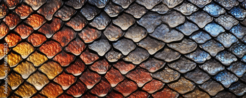 Closeup of reptile skin shows a series of small, overlapping scales that create a rough and uneven texture.