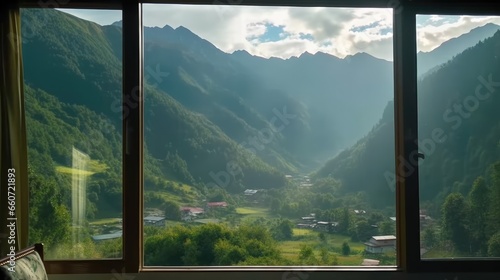 mountain view background. view from the window with green mountains