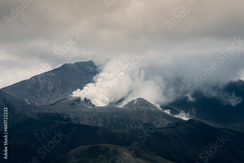 Volcanic steam venting from fumaroles on the northern side of Mount Tongariro during the 2012 eruption