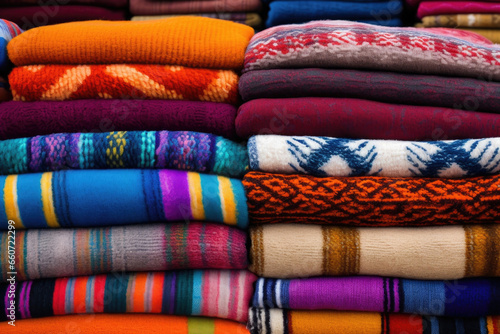 Texture of a market stall featuring rows of intricately patterned and brightly colored rugs layered on top of each other. The rugs are made of thick, plush materials that create a soft and