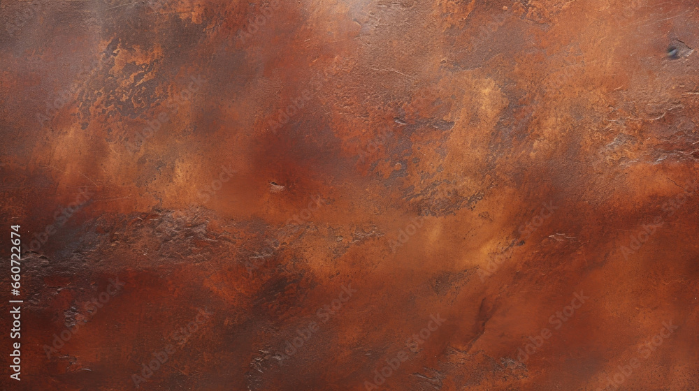Texture of aged burnt copper, displaying a range of warm colors from burnt orange to deep burgundy. The metallic sheen is still visible despite the textures worn appearance. - obrazy, fototapety, plakaty 