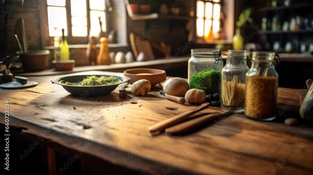 Old wooden table in the kitchen and blurred kitchen utensils