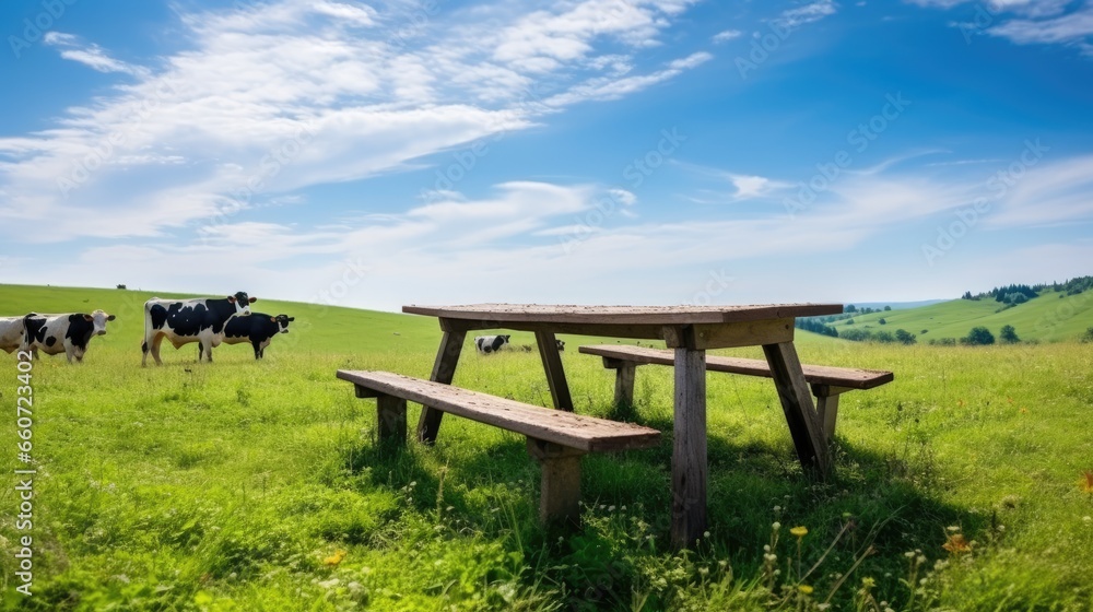 old wooden table with green meadow and blue sky, cows, bright background
