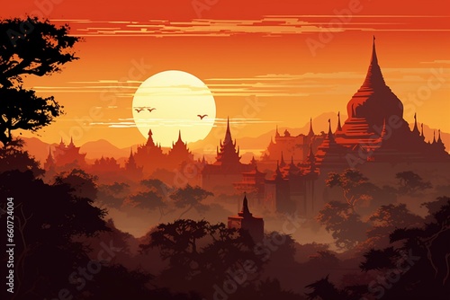 An illustration of Bagan, Myanmar featuring the ancient city and Shwesandaw Stupa. Generative AI