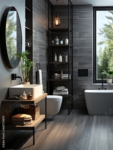 modern minimalist bathroom with washbasin and toilet bowl in dark grey color