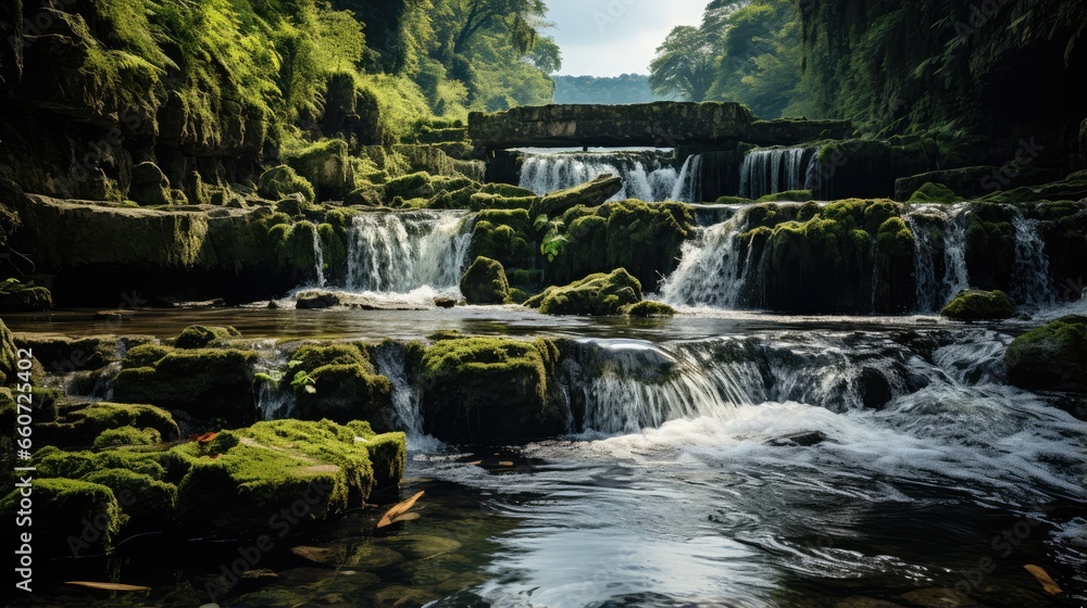 Photo of a fast flowing waterfall seen from a distance