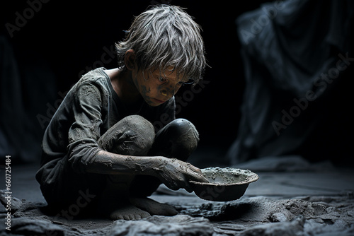 Hunger, poverty. Social world problem, lack of nutrition, food. Food Sanitation. dregs of society, the homeless. Poverty in retirement. Alms. Lonely children and the elderly. Beggars in need of help. photo