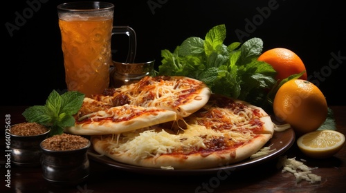 Pizza background on plate and white shawarma kebab drink lemonade cheese