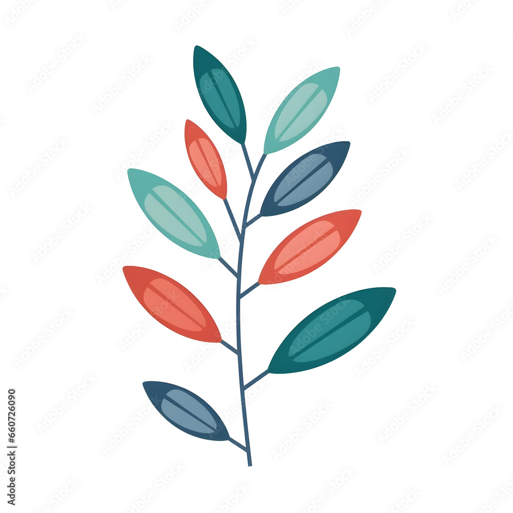 multi-colored minimalistic leaves in a Scandinavian simple style, drawing isolated on a transparent background
