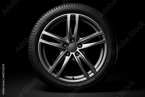 Isolated car alloy wheel and tire on black background. New alloy rim isolated. Car wheel disc and spare parts. Generative AI