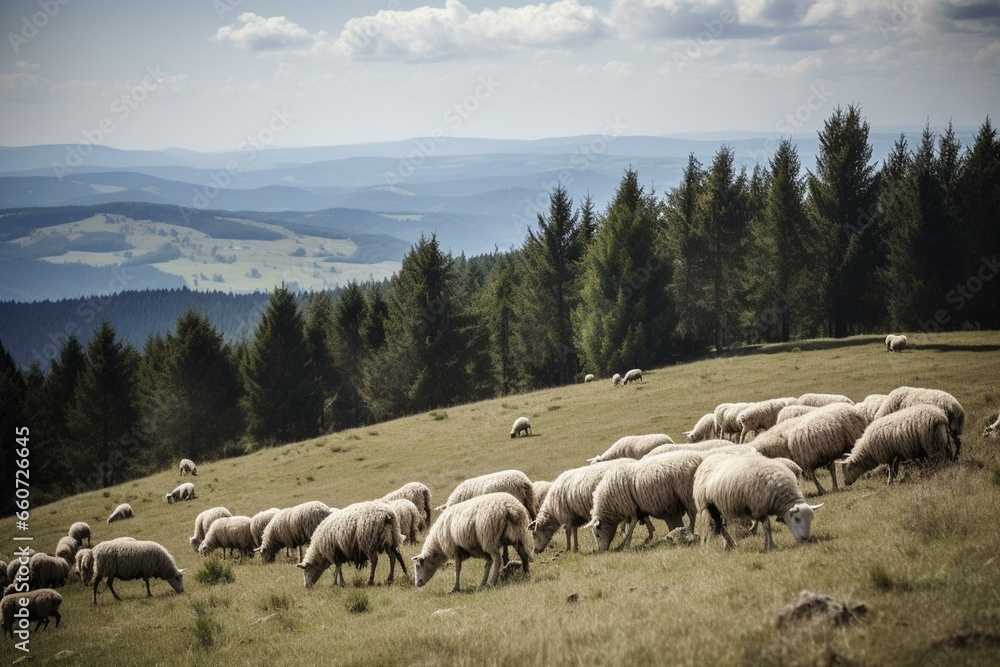 Sheep graze on Zlatibor hill. Generative AI