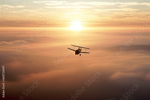 Tiny aircraft flies through misty sunrise. Generative AI © Serafina