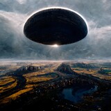 massive ominous black ufo disk floating in the sky over a valley on earth 4k high quality ultra hyperrealistic futuristic cinematic 