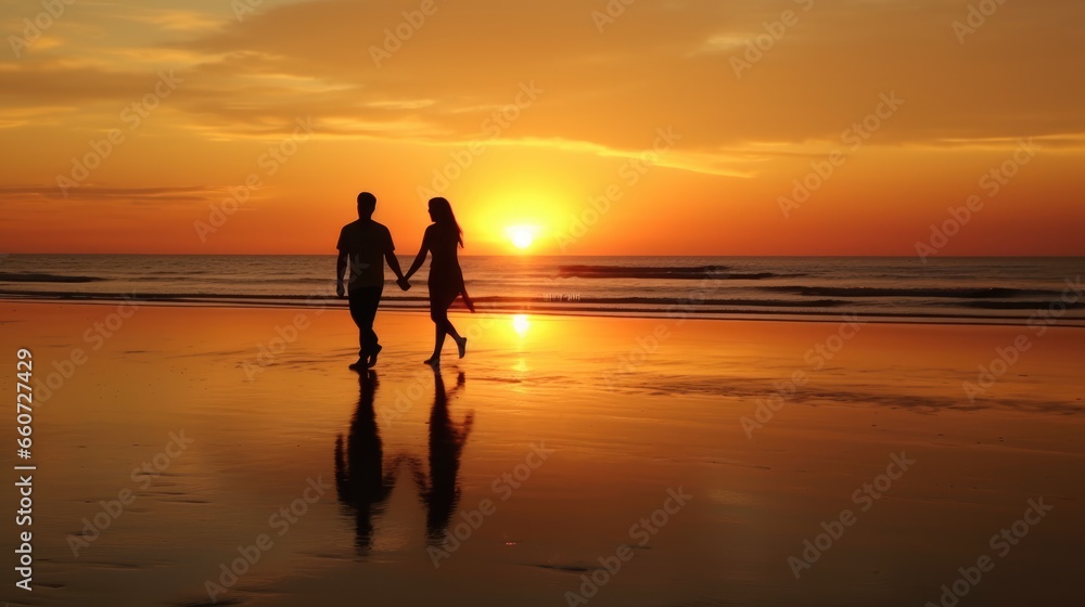 silhouette of a couple walking in the sunset on the beach