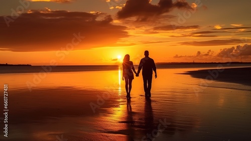 silhouette of a couple walking in the sunset on the beach © MBRAMO