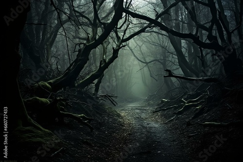Enigmatic woods shrouded in mist and darkness, emitting an eerie ambiance. Generative AI