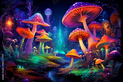 Psychedelic mushroom forest, neon. Generative AI