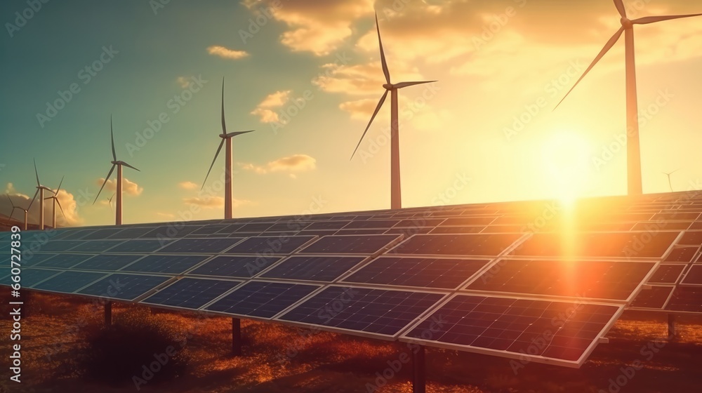 Solar Panels And Wind Turbines with hot Sun Solar Panels And Wind Turbines with hot Sun
